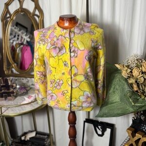 60s Lambswool coquette Yellow Pink Cardigan Pearl Grandmacore granny sweater